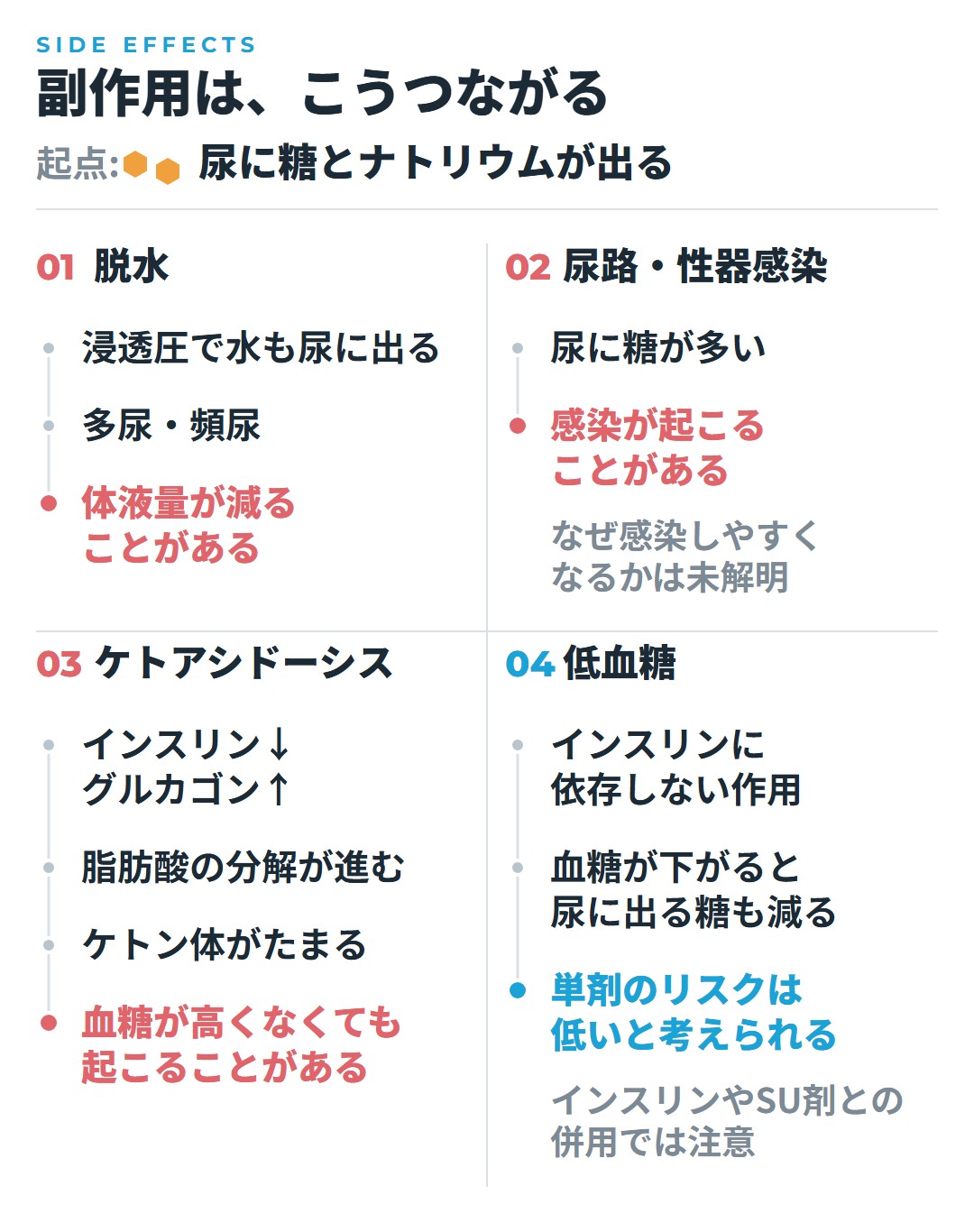 尿に糖とナトリウムが出ることから、脱水、尿路・性器感染、ケトアシドーシス、低血糖のリスクがどうつながるかを矢印で示した図