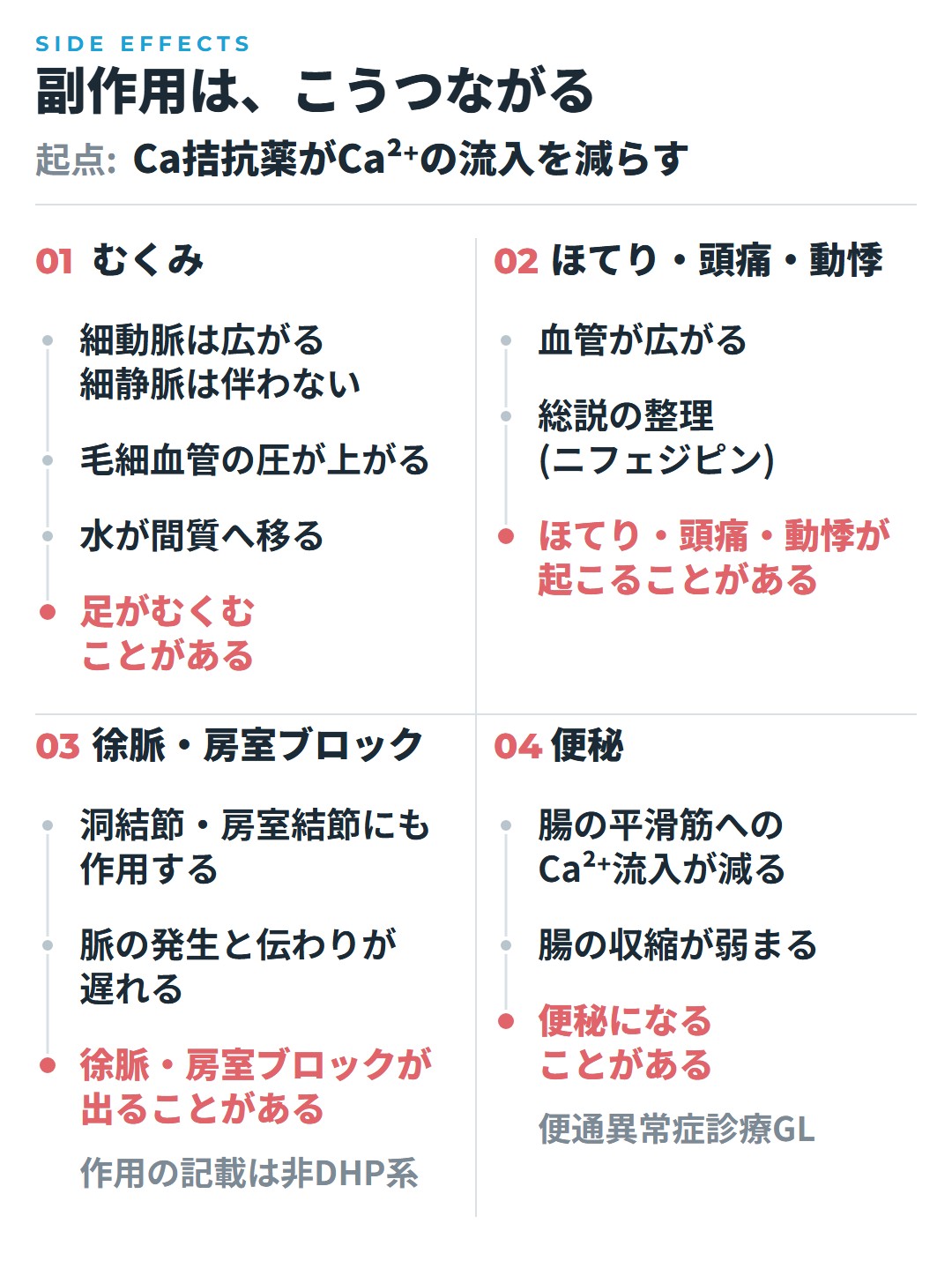 Ca拮抗薬がCa2+の流入を減らすことを起点に、むくみ、ほてり・頭痛・動悸、徐脈・房室ブロック、便秘へつながる道すじを4本並べた図
